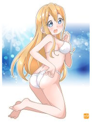Rule 34 | 1girl, adjusting clothes, adjusting swimsuit, ass, blonde hair, blue eyes, breasts, from behind, full body, happy birthday, highres, k-on!, kneeling, kotobuki tsumugi, long hair, looking at viewer, medium breasts, solo, swimsuit, takecho, thick eyebrows
