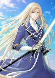 1boy artist_name bishounen blonde_hair blue_eyes cloud gloves hagino_kouta holding holding_sword holding_weapon light_smile long_hair long_sleeves looking_at_viewer male_focus military military_uniform outdoors plunderer robert_du_vanvich sheath solo standing sword very_long_hair weapon white_gloves