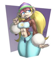 1girl abs ape artist_name beanie blonde_hair blue_eyes breasts curvy donkey_kong_(series) earrings furry furry_female gage_199x hat hoop_earrings jewelry long_hair midriff monkey_girl nail_polish navel nintendo pants small_breasts sweatpants thick_lips thick_thighs thighs tiny_kong toned toned_female twintails very_long_hair wide_hips