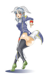 1girl ass black_thighhighs blue_dress blush breasts commentary_request dress feathered_wings female_pubic_hair full_body green_shoes grey_hair grey_pubic_hair head_wings hijiru juliet_sleeves long_hair long_sleeves looking_at_viewer looking_back medium_breasts no_panties open_mouth pointy_ears priest_(ragnarok_online) pubic_hair puffy_sleeves pussy ragnarok_online shoes simple_background solo thighhighs uncensored white_background white_wings wind wind_lift wings
