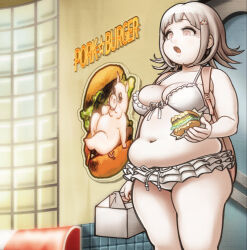1girl bikini bikini_skirt breasts brown_eyes burger cleavage danganronpa_(series) danganronpa_2:_goodbye_despair fat fat_rolls fat_woman food front-tie_bikini_top front-tie_top grey_hair highres holding holding_burger holding_food indoors medium_breasts medium_hair miss-that-man mole mole_on_breast nanami_chiaki navel obese official_alternate_costume open_mouth solo spaceship_hair_ornament swimsuit white_bikini