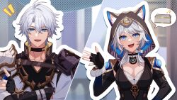 Rule 34 | 1boy, 1girl, animal ear fluff, animal ears, animal hood, antenna hair, aqua eyes, armor, black gloves, black shirt, blue eyes, breasts, cat ears, cat girl, cat hood, choker, cipher (honkai: star rail), crossed arms, fingerless gloves, gloves, grey hair, hair between eyes, highres, honkai: star rail, honkai (series), hood, long hair, long sleeves, open mouth, phainon (honkai: star rail), pochimaru (marumaru wanwan), second-party source, shirt, short hair, shoulder armor, smile, tattoo, white hair