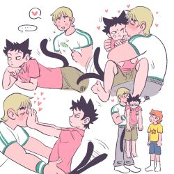 ... 3boys :&lt; animal_ears annoyed barefoot belt black_eyes black_hair blonde_hair blush carrying carrying_person cat_boy cat_ears cat_tail cheek_squash collared_shirt commentary feet frown heart highres hug jitome kemonomimi_mode kiss kissing_cheek male_focus multiple_boys multiple_views one_eye_closed orange_hair pants pink_shirt pushing_away scott_pilgrim scott_pilgrim_(series) scott_pilgrim_takes_off shirt short_hair short_sleeves shorts simple_background speech_bubble spoken_ellipsis spoken_heart sweatdrop symbol-only_commentary tail tail_wagging todd_ingram tokagen0 wallace_wells white_background yaoi