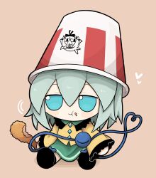 1girl aqua_eyes black_boots blush boots brown_background bucket bucket_on_head buttons chicken_(food) closed_mouth collared_shirt diamond_(shape) diamond_button double-parted_bangs eating fast_food food food_bite food_in_mouth food_on_face fried_chicken frilled_shirt frilled_shirt_collar frilled_sleeves frills full_body fumo_(doll) green_hair green_skirt hair_ornament hat heart heart_hair_ornament heart_of_string highres holding holding_food kfc komeiji_koishi komeiji_satori long_sleeves motion_lines object_on_head shirt simple_background sitting skirt sleeves_past_wrists smile solo stuffed_toy third_eye touhou white_hat wide_sleeves yellow_shirt zunusama