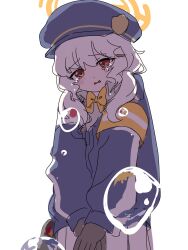 1girl aoba_(blue_archive) armband blue_archive blue_hat blue_jacket green_halo hair_ornament hairclip halo hat highres jacket long_hair neck_ribbon oif4gnhzox93176 own_hands_together peaked_cap red_eyes ribbon sketch solo teardrop tearing_up tears white_background