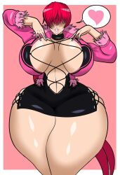 1girl breasts cleavage_cutout clothing_cutout curvy dress female_focus fishnets fluffy hand_up heart huge_breasts jacket large_breasts long_hair no_bra pale_skin ponytail red_hair shermie_(kof) shingattai shiny_clothes shiny_skin skirt standing the_king_of_fighters thick_lips thick_thighs thighs tight_clothes tight_dress twintails wide_hips