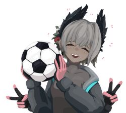 Rule 34 | 1girl, :d, arknights, ball, bird girl, black feathers, black gloves, border, closed eyes, commentary, double v, english commentary, extra arms, facing viewer, feathers, gloves, grey hair, gribberoni, head wings, highres, holding, holding ball, open mouth, pink gloves, raidian (arknights), short hair, simple background, smile, soccer ball, solo, teeth, textless version, transparent background, two-tone gloves, upper body, upper teeth only, v, white border, wings
