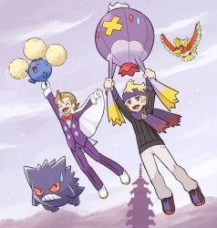 2boys blonde_hair brown_hair cape closed_eyes commentary_request day drifblim eusine_(pokemon) flying gen_1_pokemon gen_2_pokemon gen_4_pokemon gengar hanging headband highres ho-oh jacket jumpluff legendary_pokemon long_sleeves morty_(pokemon) multiple_boys nintendo open_mouth outdoors pants pokemoa pokemon pokemon_(creature) pokemon_hgss purple_headband purple_jacket purple_pants sky smile sweatdrop sweater tongue tower white_cape