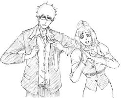 1boy 1girl adjusting_clothes adjusting_necktie bleach bow bowtie breasts collared_shirt glasses greyscale hat inoue_orihime jacket kubo_tite_(style) kurosaki_ichigo large_breasts long_hair looking_at_viewer monochrome necktie open_mouth own_hands_together parted_bangs parted_lips rakusakugk shirt short_hair sketch smile spiked_hair suit_jacket upper_body vest waistcoat white_background