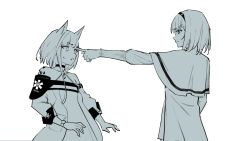 2girls animal_ears arknights bare_shoulders cat_ears cat_girl dress greyscale hairband halterneck highres jewelry kal&#039;tsit_(arknights) material_growth monochrome multiple_girls necklace off-shoulder_dress off_shoulder oripathy_lesion_(arknights) pointing pointing_at_another priestess_(arknights) scared short_hair star_of_life sweatdrop teasmacker watch wristwatch