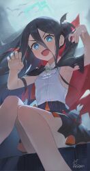 1girl aris_(blue_archive) armpits bare_legs bat_hair_ornament blue_archive blue_hair blue_halo blush commentary dark_blue_hair fangs hair_ornament halak0000 halloween halloween_costume halo highres long_hair looking_at_viewer open_mouth shirt skirt sleeveless sleeveless_shirt solo vampire_costume