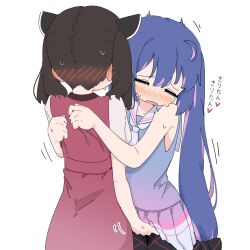 Rule 34 | 2girls, bare shoulders, black pantyhose, blush, blush visible through hair, brown hair, closed eyes, commentary request, dress, ear blush, fingering, giryu, hug, long hair, multiple girls, open mouth, otomachi una, pantyhose, purple hair, purple shirt, red dress, shirt, short sleeves, simple background, sleeveless, sleeveless shirt, sweat, touhoku kiritan, translated, twintails, vocaloid, voiceroid, white background, wooden floor, yuri