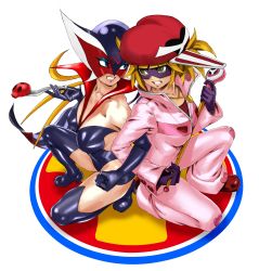 2girls bare_shoulders black_gloves blonde_hair blue_eyes bodysuit boots breasts clenched_teeth collarbone doronjo elbow_gloves gloves green_eyes hat high_heels highres jewelry jumpsuit kaminari_ai leotard lips long_hair mask medium_hair multiple_girls necklace pink_bodysuit red_hat teeth thigh_boots time_bokan_(series) yasuda_akira yatterman