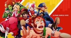 1girl 5boys bell blonde_hair bowser bowyer brown_hair collar crossed_arms daisy_(flower) doll_joints dress elbow_gloves flower geno_(mario) gloves grin hat highres jingle_bell joints mallow_(mario) mario mario_(series) multicolored_hair multiple_boys nintendo open_mouth otani_(gloria) personification princess_peach red_hair sharp_teeth smile smoking_pipe super_mario_rpg teeth two-tone_hair white_hair