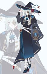 1boy absurdres alternate_costume anaxa_(honkai:_star_rail) aqua_hair chain earrings eyepatch full_body fz7047 hair_between_eyes hat highres honkai:_star_rail honkai_(series) jewelry male_focus medium_hair one_eye_covered pink_pupils side_ponytail single_earring solo upper_body witch_hat