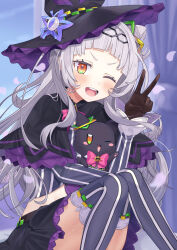 Rule 34 | 1girl, ;d, absurdres, black capelet, black gloves, black hairband, black hat, black skirt, blunt bangs, blush, bow, bowtie, capelet, cone hair bun, crop top, date shari, gloves, grey hair, grey thighhighs, hair bun, hairband, hat, highres, hololive, long hair, looking at viewer, midriff, miniskirt, murasaki shion, one eye closed, open mouth, pink bow, pink bowtie, red eyes, shiokko (murasaki shion), sitting, skirt, smile, solo, striped clothes, striped thighhighs, thighhighs, v, v-shaped eyebrows, vertical-striped clothes, vertical-striped thighhighs, very long hair, virtual youtuber, witch, witch hat, zettai ryouiki