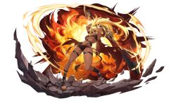 1girl absurdres animal_ears arms_up belt belt_pouch black_belt black_boots black_gloves black_shorts black_tank_top blonde_hair boots breasts cape crack cracked_floor crop_top dark-skinned_female dark_skin fang faux_figurine fingerless_gloves fire floating_hair full_body gloves grin high_ponytail highres holding holding_weapon kana_(rememento) large_breasts long_hair navel official_art orange_eyes ponytail pouch red_cape rememento:_white_shadow short_shorts shorts smile solo standing standing_on_one_leg tail tank_top teeth thigh_strap torn_cape torn_clothes transparent_background two-handed underboob v-shaped_eyebrows very_long_hair weapon weapon_request