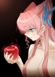 Rule 34 | 1girl, apple, black background, blue eyes, breasts, collarbone, commentary request, crying, crying with eyes open, food, fruit, hair ornament, haishima xv, highres, holding, holding food, holding fruit, large breasts, long hair, looking down, looking to the side, maria cadenzavna eve, musical note, nude, pink hair, sad, senki zesshou symphogear, solo, tears, upper body