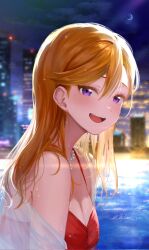 bare_shoulders bikini blush breasts building city_lights cityscape cleavage crescent_moon hair_between_eyes highres jewelry love_live! love_live!_superstar!! medium_breasts medium_hair mikami_sy moon necklace night night_sky off_shoulder open_mouth orange_hair pearl_necklace purple_eyes red_bikini see-through_clothes shibuya_kanon signature sky skyscraper smug swimsuit water water_drop