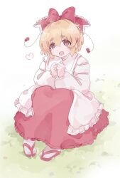 1girl blonde_hair bow frills grass hair_bow hair_ornament hair_ribbon heart highres japanese_clothes kariginu long_sleeves on_grass on_ground rave_(xenodrug) red_bow red_skirt red_slippers ribbon satsuki_rin shirt short_hair skirt slippers solo touhou white_shirt