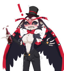 ! 1girl black_gloves black_hat black_pants black_sclera bottle colored_sclera fang furry furry_female genderswap genderswap_(mtf) gloves grimmie02 hat hazbin_hotel highres holding holding_bottle husk_(hazbin_hotel) navel pants pointy_ears saliva simple_background teeth top_hat wings yellow_eyes