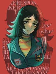 Rule 34 | 1girl, anya (mouthwashing), black eyes, black hair, breasts, cropped torso, cross, cross print, emily botta, green jumpsuit, hashtag-only commentary, heart, heart print, highres, jumpsuit, long hair, looking at viewer, mouthwashing, parted bangs, parted lips, pony express uniform, raised inner eyebrows, red background, shirt, solo, striped clothes, striped shirt, yellow shirt