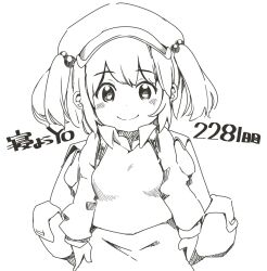 1girl backpack bag blush breasts cactas7 closed_mouth flat_cap hair_bobbles hair_ornament hat highres kawashiro_nitori looking_at_viewer medium_breasts monochrome simple_background smile touhou upper_body wing_collar