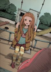 1girl blue_shirt blunt_bangs brown_eyes building chain child dot_nose full_body hands_up hedge highres holding holding_chain ichihara_nina idolmaster idolmaster_cinderella_girls jacket left_shoe_removed light_blush long_hair looking_at_viewer multicolored_pantyhose niwatoko_towani open_clothes open_jacket open_mouth orange_hair outdoors pantyhose playground print_shirt railing red_shoes seesaw shadow shirt shoe_loss shoes sidelocks single_shoe sitting skirt sky slide smile solo straight-on straight_hair striped_clothes striped_pantyhose swing_set tree unused_tire wall yellow_jacket