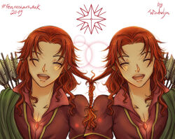 2019 2boys amras amrod arrow_(projectile) artist_name braid brothers closed_eyes collar dated elf eyelashes hair_tied happy male_focus multiple_boys open_mouth parted_bangs pectoral_cleavage pectorals pointy_ears quiver red_hair siblings teeth the_silmarillion tolkien&#039;s_legendarium twins upper_teeth_only windrelyn