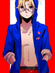 1boy axis_powers_hetalia az0212 bad_id bad_pixiv_id blonde_hair canada_(hetalia) hood hoodie male_focus purple_eyes solo