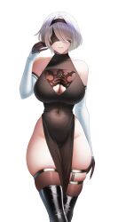 1girl 2b_(nier:automata) absurdres bare_shoulders black_blindfold black_dress black_hairband black_thighhighs blindfold breasts cleavage cleavage_cutout closed_mouth clothing_cutout collarbone covered_navel curvy dress elbow_gloves gloves hairband highres large_breasts luunamito mole mole_under_mouth nier:automata nier_(series) pelvic_curtain short_hair simple_background skindentation solo thick_thighs thighhighs thighs white_background white_hair wide_hips