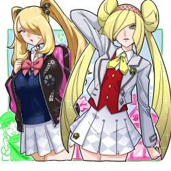 1boy 2girls alternate_hairstyle black_jacket blonde_hair blue_sweater blush breasts brock_(pokemon) cosplay cowboy_shot creatures_(company) cynthia_(pokemon) double_bun game_freak green_eyes grey_eyes hair_bun hair_over_one_eye highres jacket kenchi large_breasts long_hair lusamine_(pokemon) marnie_(academy)_(pokemon) multiple_girls nintendo pink_jacket pleated_skirt pokemon pokemon_dppt pokemon_masters_ex pokemon_sm red_vest rei_(academy)_(pokemon) rei_(pokemon) rei_(pokemon)_(cosplay) rosa_(academy)_(pokemon) rosa_(pokemon) rosa_(pokemon)_(cosplay) school_uniform skirt sweater thumbs_up twintails very_long_hair vest white_jacket white_skirt