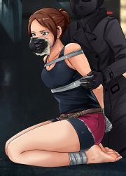 Rule 34 | 2girls, barefoot, bike shorts, black hair, black tank top, blue eyes, bound, bound ankles, bound torso, bound wrists, breasts, brown eyes, brown hair, capcom, chloroform, claire redfield, cleavage, coat, covering own mouth, feet, gag, gagged, gagging, hand gagged, hand over another&#039;s mouth, hand over another's mouth, highres, improvised gag, jewelry, legs, lost one zero, medium breasts, multiple girls, necklace, resident evil, resident evil 2, seiza, shirt, shorts, sitting, sleeveless, sleeveless shirt, tank top, tape, tape gag, thighs, trench coat