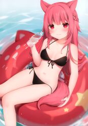 Rule 34 | 1girl, absurdres, amashiro natsuki, animal ears, bikini, black bikini, bottle, braid, breasts, dog ears, dog girl, dog tail, fang, fang out, half up braid, highres, innertube, long hair, looking at viewer, medium breasts, navel, non-web source, on innertube, original, red eyes, red hair, smile, stomach, swim ring, swimsuit, tail, water, water bottle