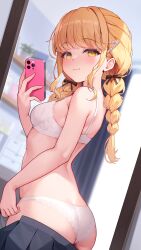 1girl :3 ass black_skirt blonde_hair blush bow bra braid breasts brown_bow cellphone clothes_pull commentary_request fujita_kotone full-length_mirror gakuen_idolmaster hair_bow hair_ornament highres holding holding_phone idolmaster indoors long_hair looking_at_viewer looking_to_the_side mirror panties phone pinki_o64 pleated_skirt reflection reflection_focus skirt skirt_pull small_breasts smile solo twin_braids underwear white_bra white_panties yellow_eyes