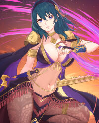 1girl absurdres armor black_hairband blue_eyes blue_hair breasts female_byleth_(fire_emblem) female_byleth_(jehanna)_(fire_emblem) cape cleavage dagger fire_emblem fire_emblem:_three_houses fire_emblem_heroes gradient_sky hairband highres holding holding_dagger holding_knife holding_weapon knife large_breasts medium_hair navel nintendo official_alternate_costume pantyhose shoulder_armor sky solo stomach truejekart weapon