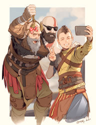 3boys anachronism armor atreus bald beard black_hair blue_pants bodypaint brown_pants closed_eyes facial_hair father_and_son god_of_war hage2013 highres holding holding_phone horns kratos_(god_of_war) male_focus mimir_(god_of_war) multiple_boys muscular muscular_male pale_skin pants phone selfie short_hair smile sunglasses teeth twitter_username v wristband