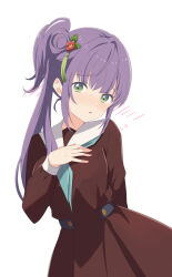 Rule 34 | 1girl, absurdres, arm behind back, embarrassed, flower, flying sweatdrops, green eyes, hair flower, hair ornament, hand on own chest, hasu no sora school uniform, highres, light blush, link! like! love live!, long hair, looking to the side, love live!, otomune kozue, parted lips, purple hair, school uniform, side ponytail, solo, white background, zanpon