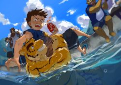 1other 5boys animal_ears bara bear_boy bear_ears black_shorts blue_shirt blue_sky brown_fur can cloud cloudy_sky commentary_request flip-flops furrowed_brow furry furry_male furry_with_non-furry grin highres hiroyuki_nishimura_(morenatsu) holding holding_can interspecies juuichi_mikazuki kounosuke_kuri looking_at_another looking_down looking_up male_focus morenatsu mountain multiple_boys on_water open_mouth raccoon_boy saikorodekimeru sandals shirt shorts shun_kodori sky smile surprised tail tiger_boy tiger_ears tiger_stripes torahiko_oshima wet wide-eyed wolf_boy wolf_ears wolf_tail yellow_fur
