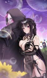 3girls black_gloves black_hair black_hood blush breasts choker cleavage colored_inner_hair dominatrix elbow_gloves gloves goddess_of_victory:_nikke highres holding_bubble large_breasts leather_bikini little_mermaid_(nikke) long_hair looking_at_viewer mihara_(bonding_chain)_(nikke) multicolored_hair multiple_girls official_alternate_costume official_alternate_design outdoors purple_eyes purple_hair red_eyes ryuvie see-through_clothes see-through_pelvic_curtain thighhighs very_long_hair white_mask yuni_(chimera)_(nikke)