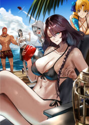 2boys 3girls absurdres add_(fate) astraea_(fate) bare_shoulders beach bikini birdcage black_bikini blue_sky blush breasts cage cleavage fate/grand_order fate_(series) gray_(fate) grin halterneck hephaestion_(fate) highres iskandar_(fate) jikihatiman large_breasts long_hair looking_at_viewer lord_el-melloi_ii multiple_boys multiple_girls navel one_eye_closed open_mouth outdoors side-tie_bikini_bottom sky smile string_bikini swimsuit thighs waver_velvet