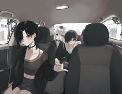Rule 34 | 3girls, abs, bare shoulders, black collar, black hair, black jacket, black shorts, blue eyes, breasts, brown eyes, brown shirt, camisole, car interior, car seat, cleavage, closed mouth, collar, commentary request, cropped shirt, earrings, expressionless, flat chest, gradient hair, grey camisole, grey hair, hair over one eye, highres, jacket, jewelry, large breasts, leaning forward, long hair, looking at viewer, medium breasts, medium hair, multicolored hair, multiple earrings, multiple girls, multiple rings, navel, open clothes, open jacket, original, ring, shirt, short hair, shorts, thumbs up, tyrezal, wolf cut