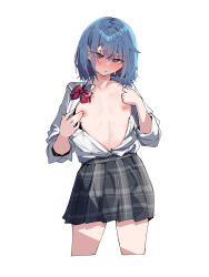 1girl :/ absurdres black_skirt blue_hair blush bow bowtie breasts cropped_legs highres konno_you_(warabi_mochi_(w4rabimochi)) looking_at_viewer mole mole_on_breast nipples no_bra nose_blush open_clothes open_shirt original plaid_clothes plaid_skirt pleated_skirt red_bow red_bowtie school_uniform shirt shirt_tucked_in short_hair simple_background skirt small_breasts solo sweat thighs undone_bowtie warabi_mochi_(w4rabimochi) white_background white_shirt