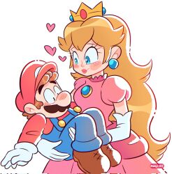 1boy 1girl blonde_hair blue_eyes blush brown_hair couple crown dress earrings elbow_gloves facial_hair gloves hat heart height_difference highres jewelry long_hair long_sleeves manysart1 mario mario_(series) mustache nintendo overalls princess_peach shoes white_background