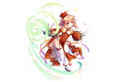 blonde_hair chinese_clothes flower_knight_girl hair_ornament hat hima_(flower_knight_girl) holding holding_weapon official_art open_mouth shoes short_hair smile sparkle thighhighs weapon white_thighhighs