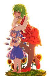 2girls arm_on_own_head ascot barefoot black_legwear blue_bow blue_dress blue_eyes blue_hair bow breasts cirno closed_mouth crossed_arms dress flower full_body grass green_hair hair_bow hanaarts hand_on_own_cheek hand_on_own_face high_heels highres ice ice_wings kazami_yuuka large_breasts long_sleeves looking_at_another multiple_girls neck_ribbon pantyhose plaid_clothes plaid_skirt plaid_vest pout puffy_short_sleeves puffy_sleeves red_eyes red_footwear red_ribbon red_skirt red_vest ribbon shirt short_hair short_sleeves simple_background skirt standing standing_on_one_leg sunflower thighhighs touhou v-shaped_eyebrows vest white_background white_shirt wings yellow_neckwear