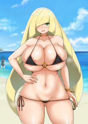 absurdres areola_slip bare_shoulders beach bikini black_bikini blonde_hair breasts cleavage cloud covered_erect_nipples creatures_(company) curvy game_freak green_eyes hair_between_eyes hands_up highres huge_breasts lana_(pokemon) long_hair looking_at_viewer lusamine_(pokemon) mature_female nintendo outdoors outstretched_arms pokemon pokemon_sm sand sky standing swimsuit wide_hips yamaori