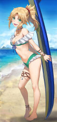 1girl :d beach bikini blonde_hair blue_sky breasts cleavage day fate/apocrypha fate_(series) from_side gold_necklace green_eyes highres holding holding_surfboard jewelry looking_at_viewer mordred_(fate) mordred_(fate/apocrypha) navel necklace ocean off-shoulder_bikini off_shoulder open_mouth outdoors ponytail sky small_breasts smile solo stomach surfboard swimsuit teeth thighlet thighs tonee