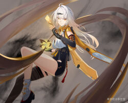1girl absurdres ahoge black_gloves black_thighhighs fingerless_gloves gloves hair_ornament high-waist_shorts highres jacket li_shijin long_hair looking_at_viewer shorts solo thighhighs thighs watermark white_hair yellow_eyes yellow_jacket yi_xuan_(zenless_zone_zero) zenless_zone_zero