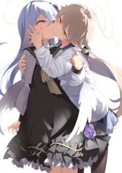 2girls absurdres angel_wings assertive_female azusa_(blue_archive) black_dress black_sailor_collar blonde_hair blue_archive blue_sailor_collar blue_skirt cardigan cowboy_shot crossed_bangs dress dress_flower emuach_(meme) flower frilled_skirt frills hair_between_eyes hair_flaps hair_flower hair_ornament hair_tie half-closed_eyes halo hand_on_another&#039;s_cheek hand_on_another&#039;s_face hand_on_another&#039;s_shoulder head_tilt hifumi_(blue_archive) highres hug hug_from_behind kiss light_blush long_hair long_sleeves low_twintails low_wings multicolored_eyes multiple_girls neck_ribbon pantyhose pleated_skirt puffy_long_sleeves puffy_sleeves purple_eyes purple_flower ribbon sailor_collar school_uniform serafuku shiratama_mochi skirt swept_bangs twintails white_background white_cardigan white_hair wing_hair_ornament wings yellow_eyes yellow_ribbon yuri